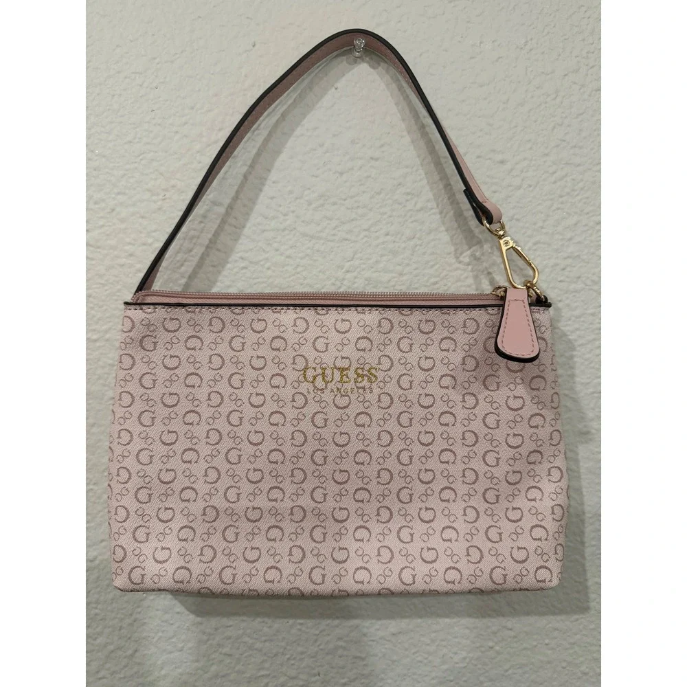 Guess Los Angeles Pink Monogram Logo Shoulder‎ Bag Baguette Purse Gold Hardware